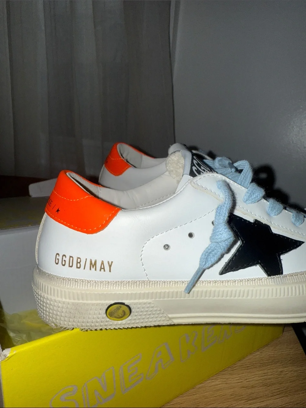 Golden Goose Kids White Sneakers with Bright Orange Heel and Navy Star